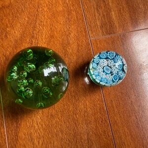 Vintage Millefiori Glass Paperweight Small Mini 1.75” & Green Bubble Art Glass.